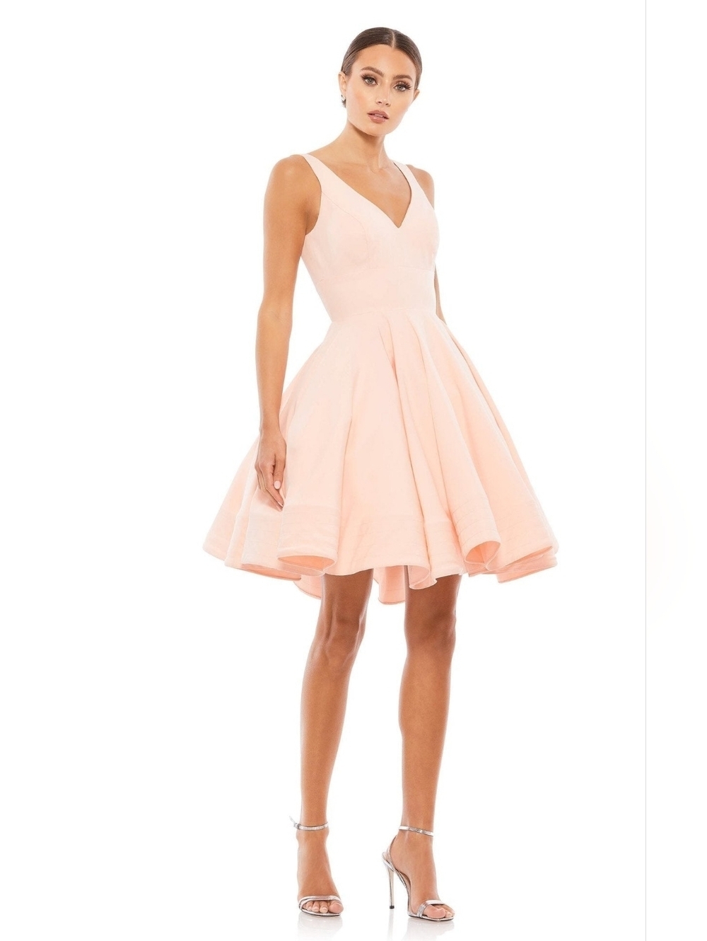 Ieena By MacDuggal Blush Pink Fit And Flare Flutter V Nick Mini Dress